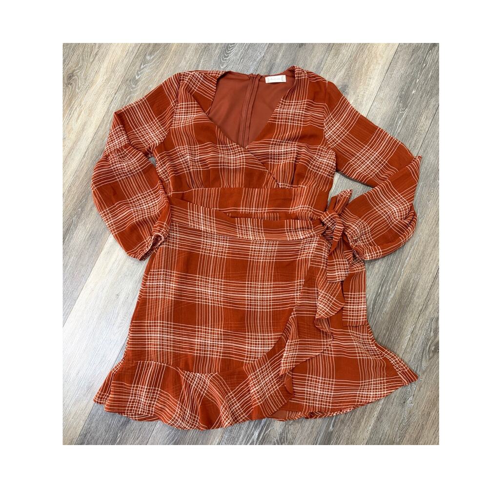 Altar'd State Rust Plaid Wrap Dress Long Sleeve Tie Waist Ruffle L